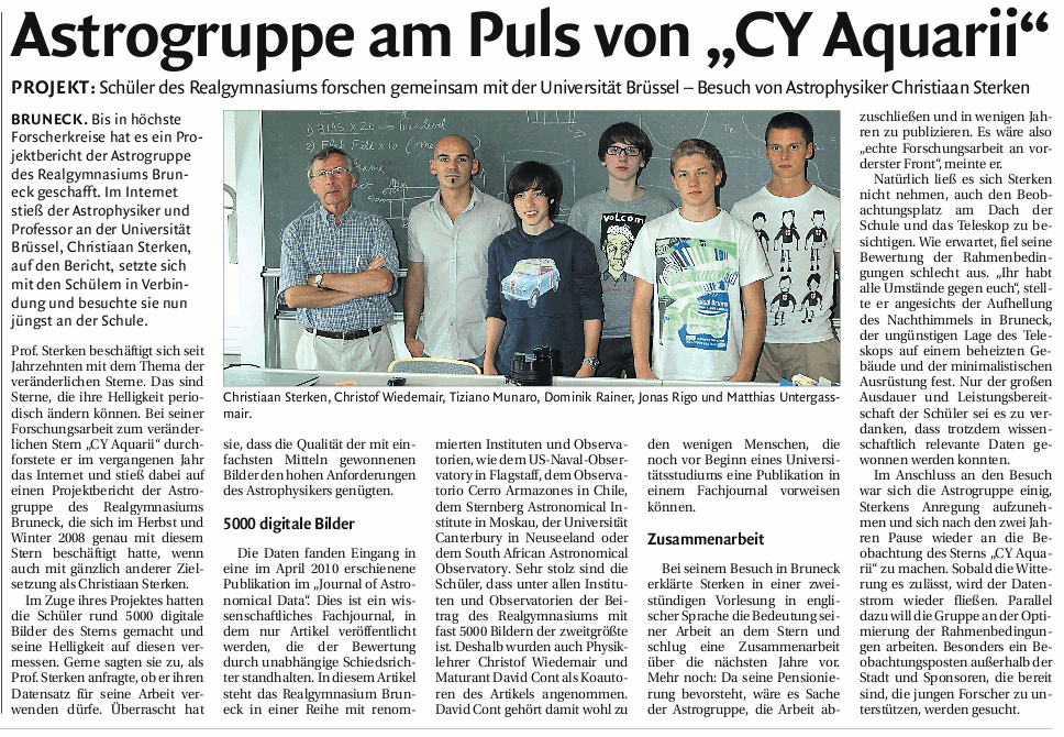 Dolomitenartikel zum Besuch von Prof. Dr. Christiaan Sterken am Realgymnasium Bruneck